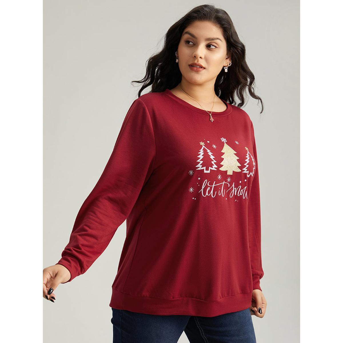 Plus Size Christmas Trees Round Neck Sweatshirt Women Raspberry Casual Printed Festival-Christmas Sweatshirts BloomChic 14-16/1X Product Image
