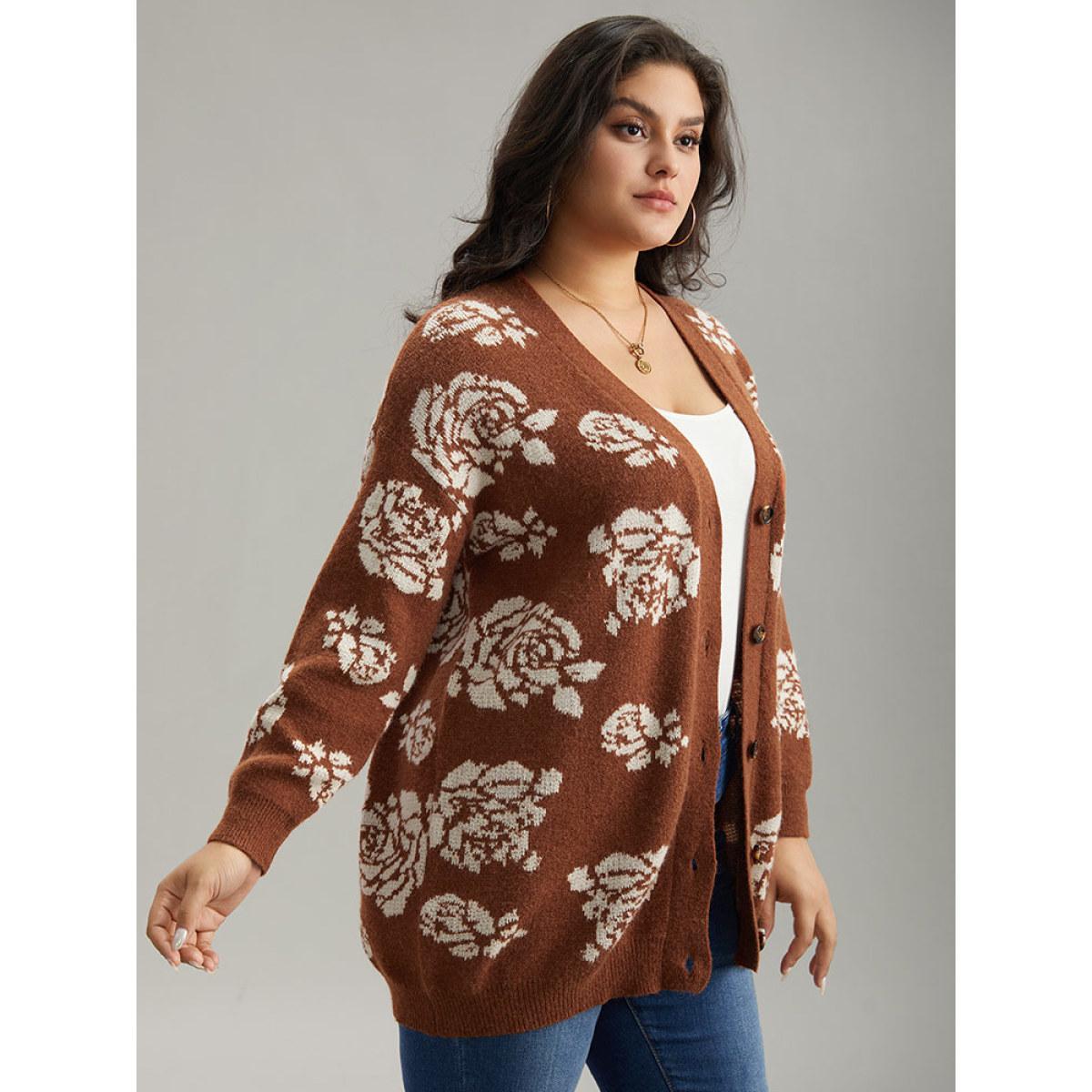 Plus Size Anti-Pilling Floral Print Drop Shoulder Cardigan Chocolate Women Casual Loose Long Sleeve Dailywear Cardigans BloomChic 28/5X Product Image