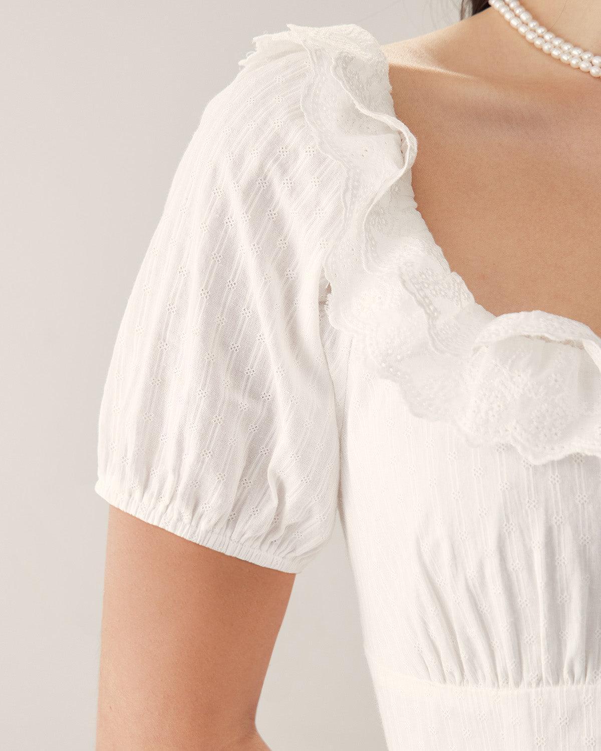 White Embroidery Puffed Sleeve Maxi Dress Product Image