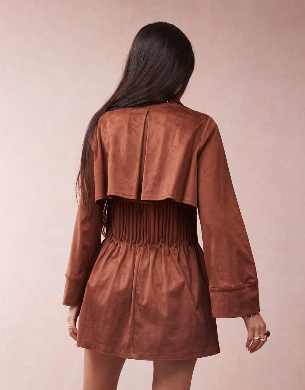 ASOS DESIGN suedette shirt mini dress with cinched pleat waist in chocolate Product Image