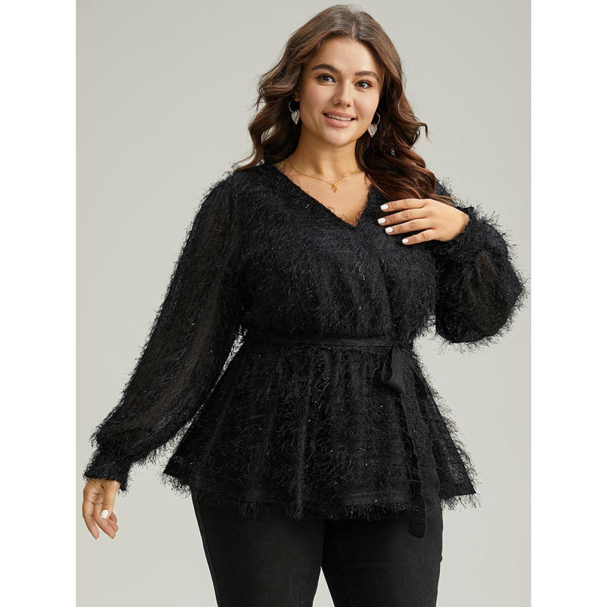 Plus Size Black Solid Tassel Mesh Patchwork Belted Wrap Blouse Women Glamour Long Sleeve Overlap Collar Festival-Christmas Blouses BloomChic 12/L Product Image