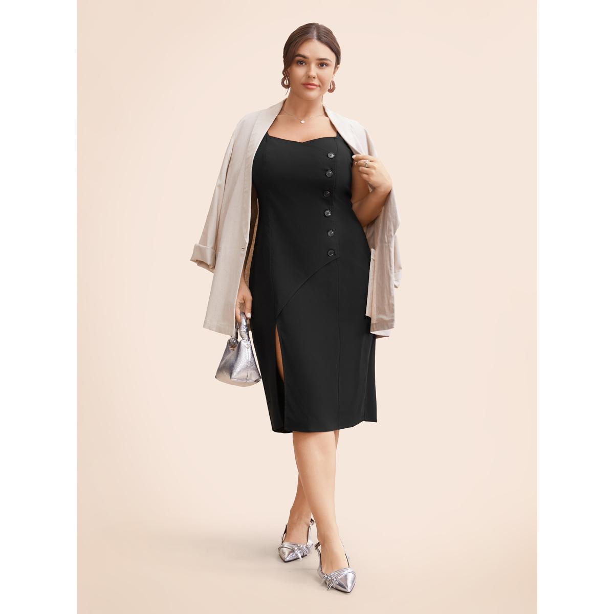 Plus Size Stretch Woven Cut-Out Midi Dress Black Women At the Office Button Heart neckline Sleeveless Curvy BloomChic 28/5X Product Image