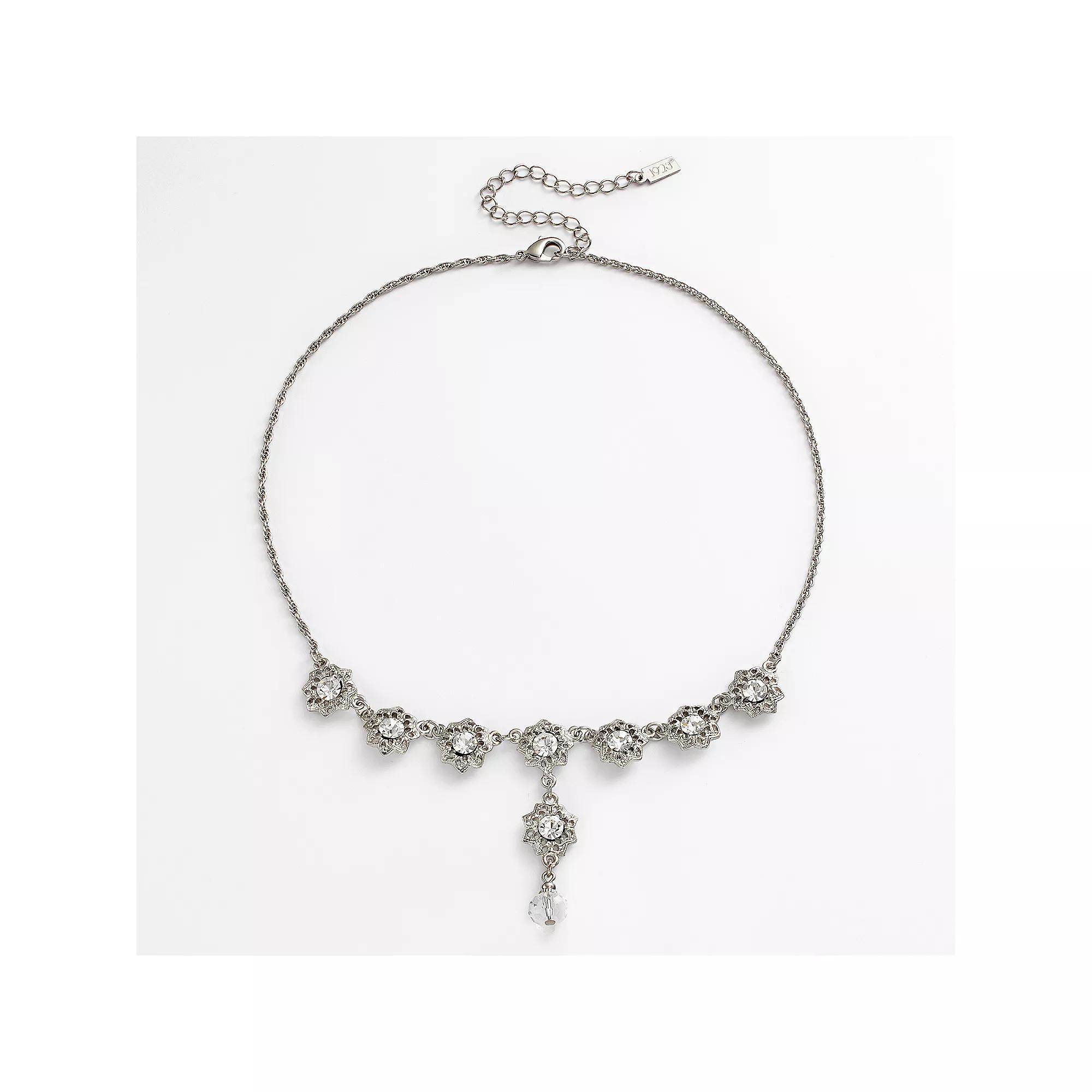 1928 Silver Tone Simulated Crystal Flower Y Necklace, Womens White Product Image