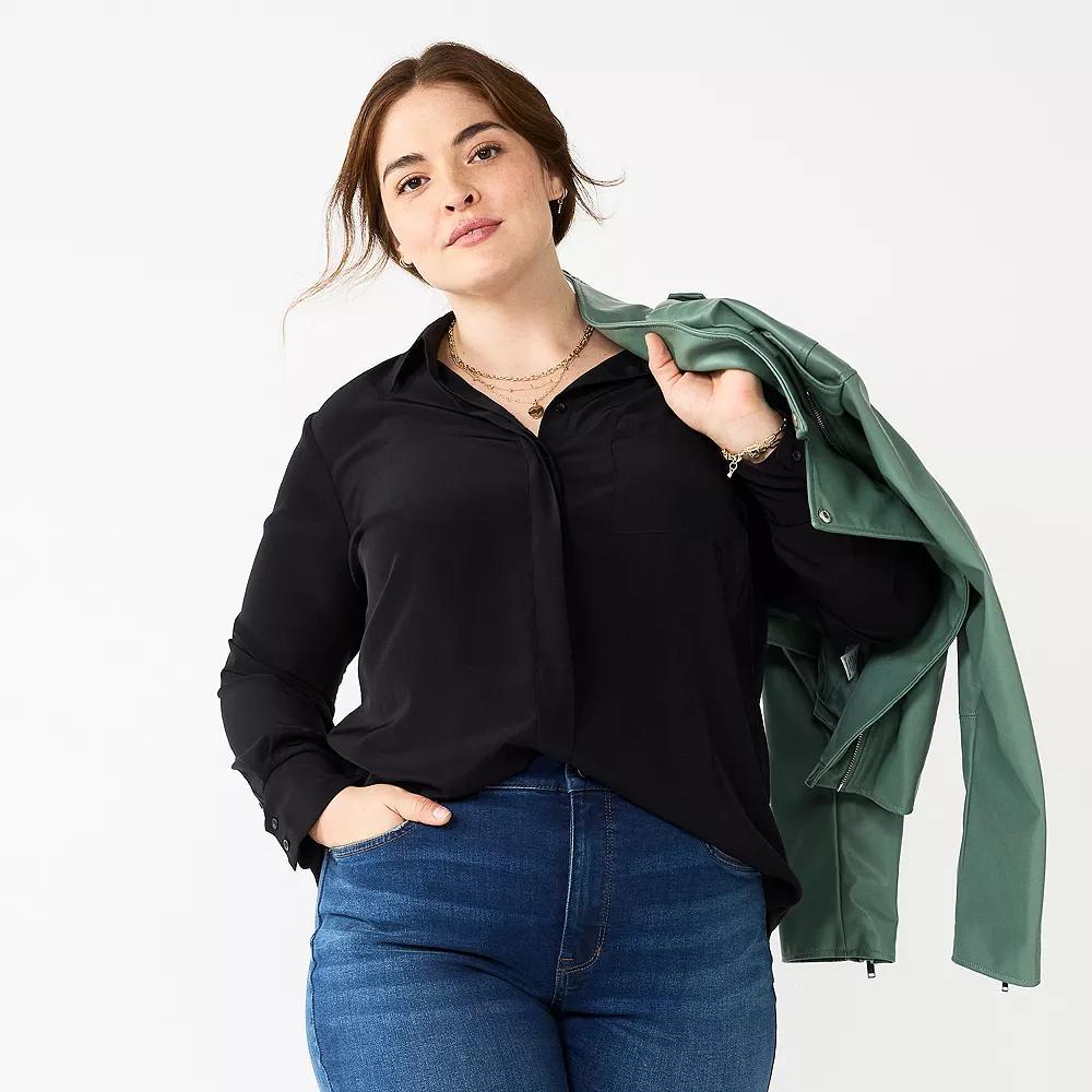 Plus Size Nine West Drapey Button Down Shirt, Women's, Size: 1XL, Mineral Black Product Image