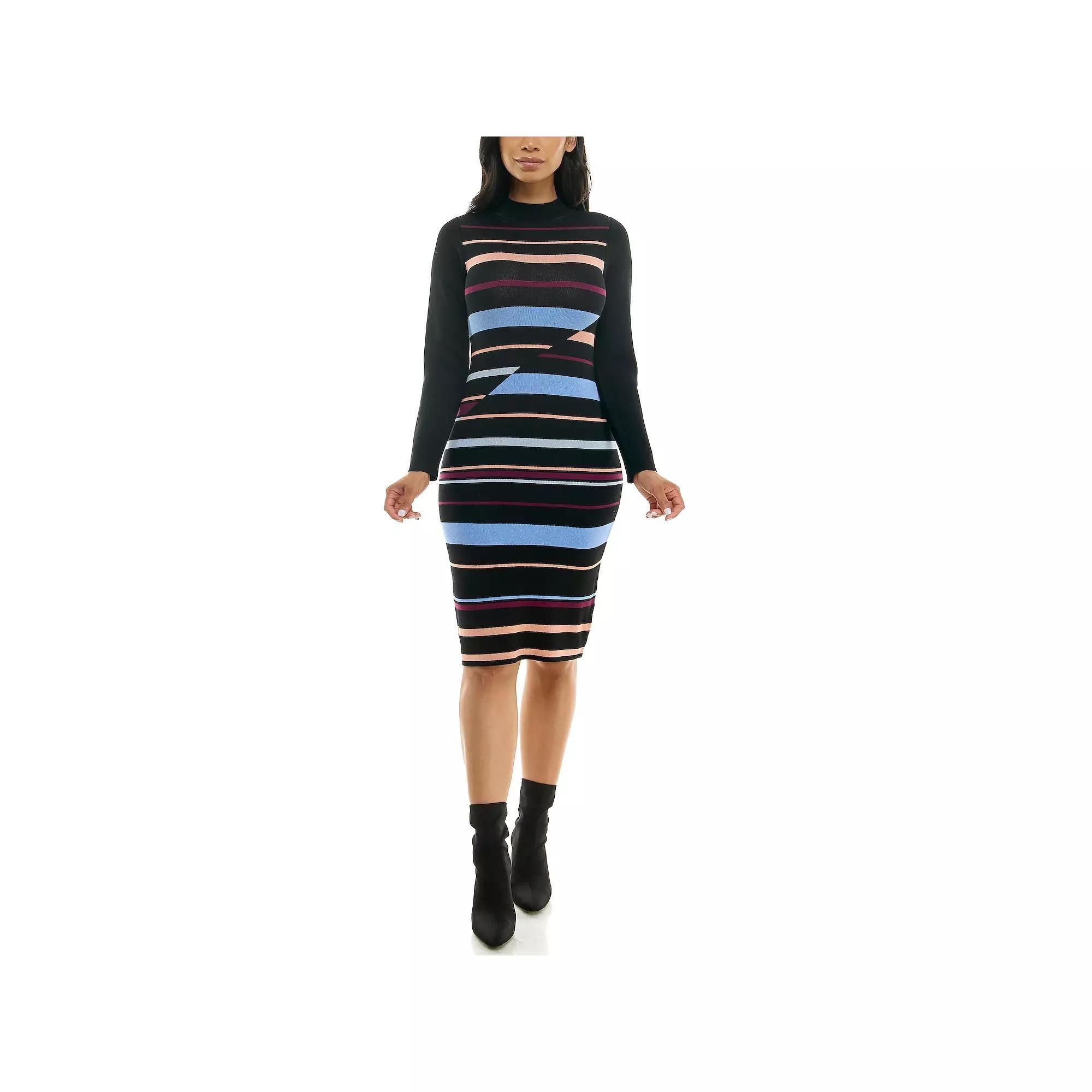 Women's Nina Leonard Ribbed Stripe Sweater Dress, Size: Medium, Black Team Product Image
