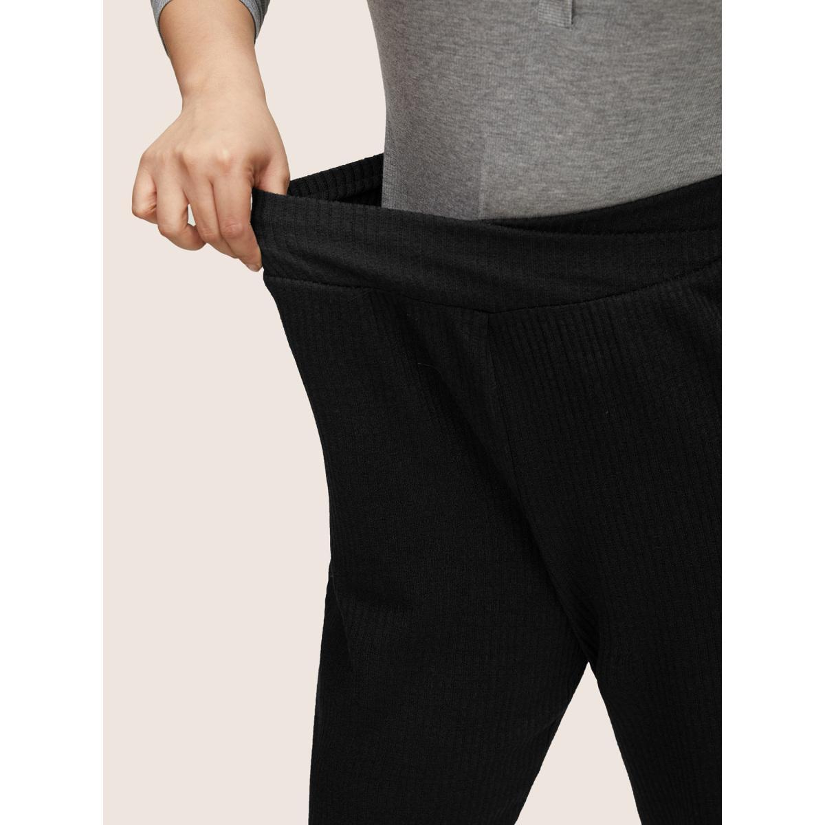 Plus Size Rib Knit Wideband Waist High Rise Pants Women Black Casual High Rise Dailywear Pants BloomChic 10/M Product Image