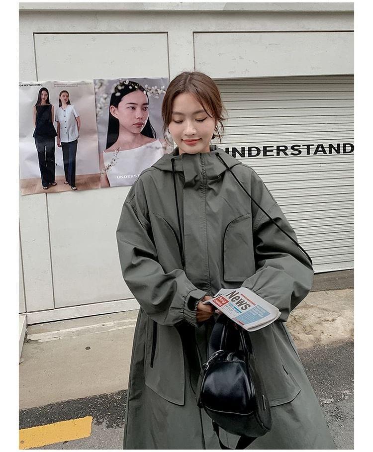 Zip-Up Hooded Plain Long Trench Coat Product Image