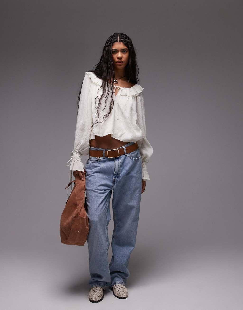 Topshop ruffle neck femme top in ivory Product Image