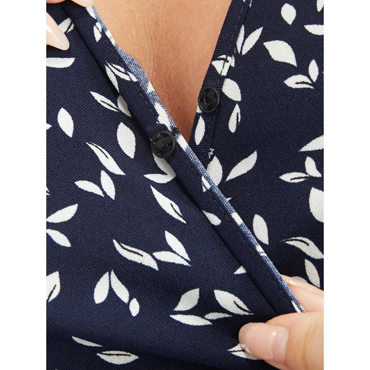 Plus Size Plant Print Pocket Lantern Sleeve Wrap Shirred Dress Indigo Women Elegant Shirred V-neck Long Sleeve Curvy Midi Dress BloomChic 12/L Product Image