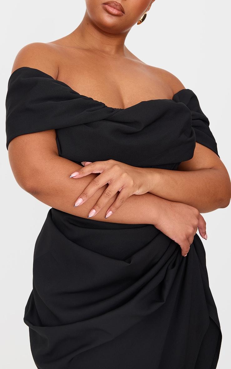 Plus Black Corset Bardot Draped Midi Dress Product Image