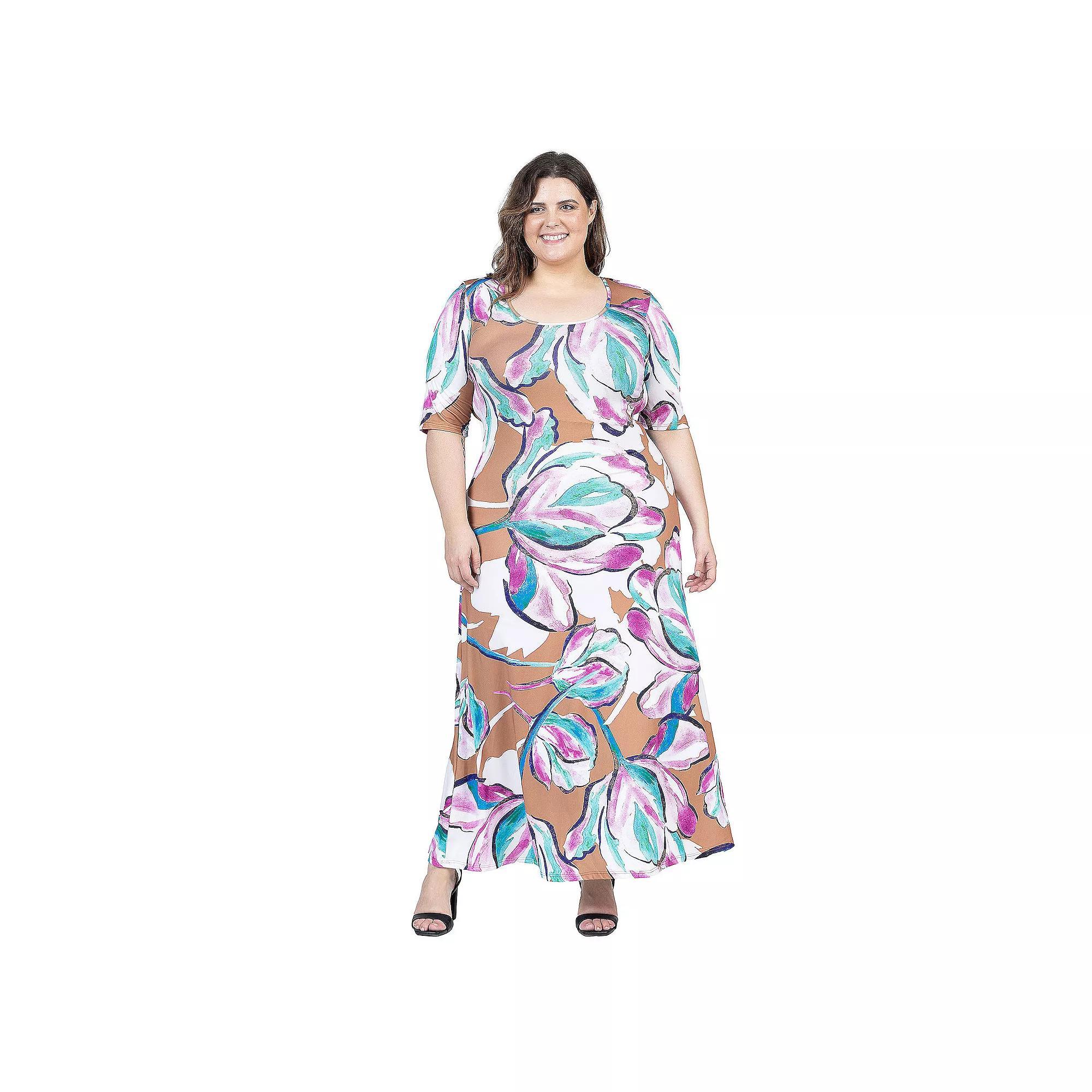 Plus Size 24Seven Comfort Apparel Elbow Sleeve Casual A Line Maxi Dress, Womens Product Image