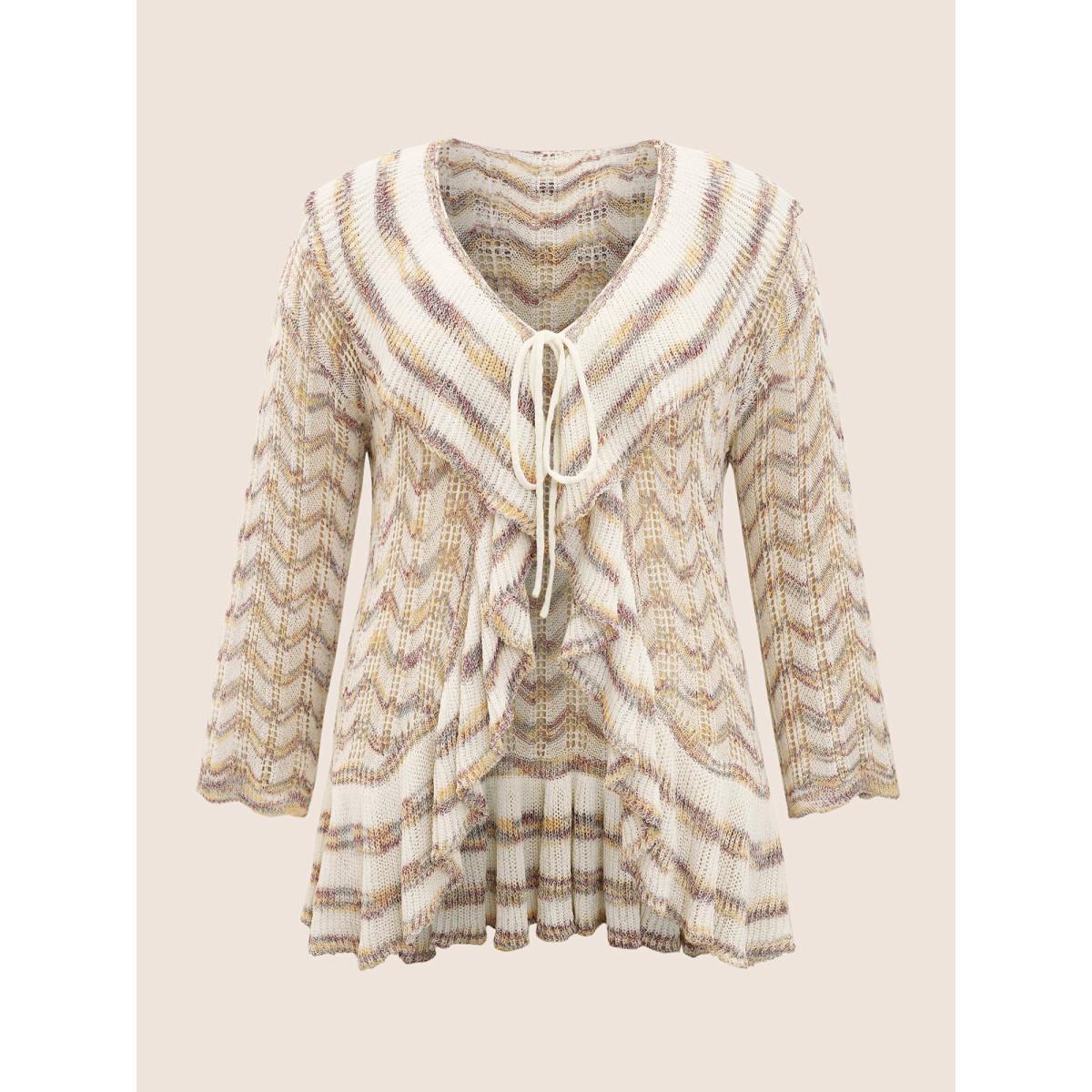Plus Size Ombre Heather Ruffle Trim Ties Front Cardigan Ivory Women Everyday Elegant Cover Ups Bloomchic 22-24/3X Product Image