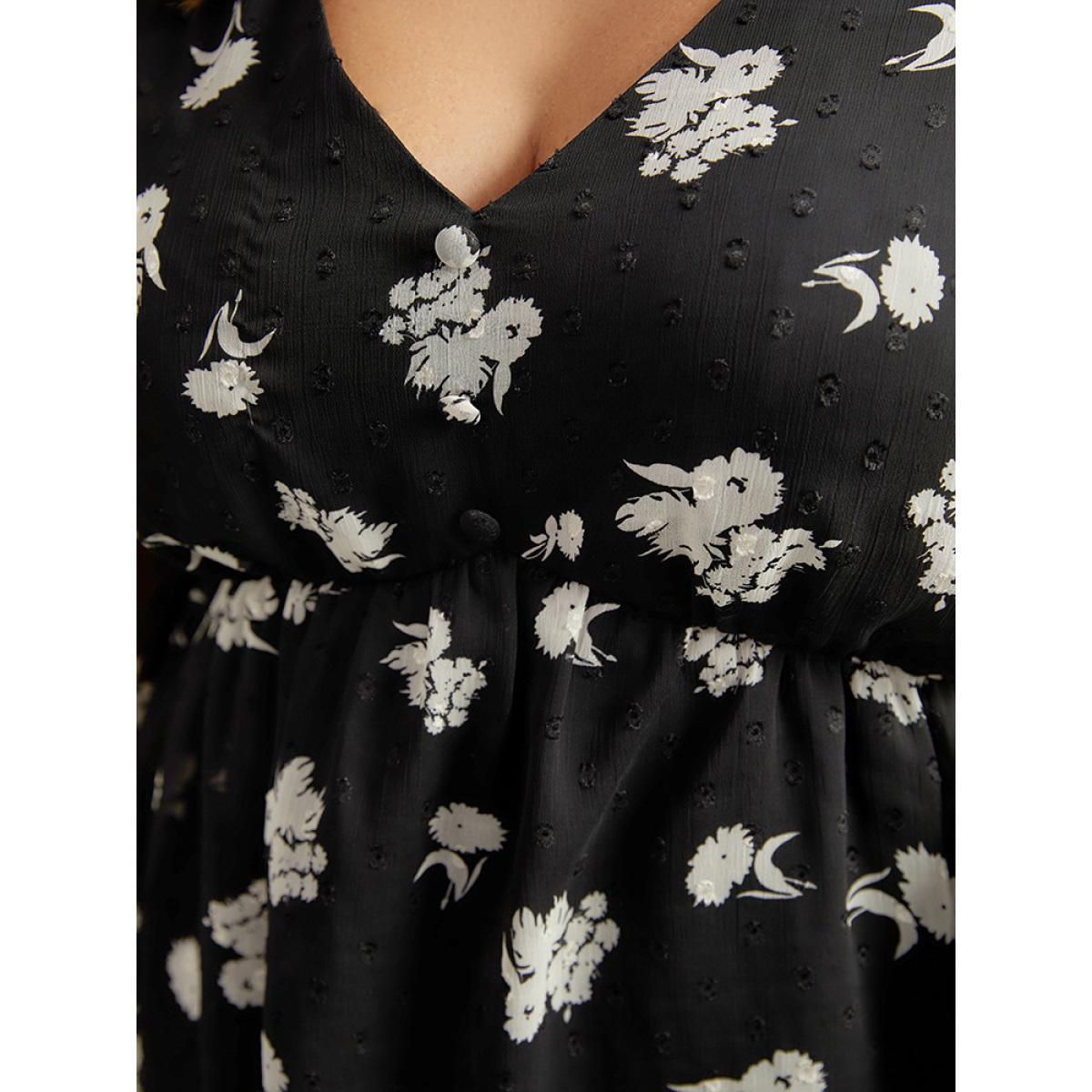 Plus Size BlackFlower Silhouette Floral Print Gathered Shirred Blouse Women Elegant Long Sleeve V-neck Dailywear Blouses BloomChic 14-16/1X Product Image