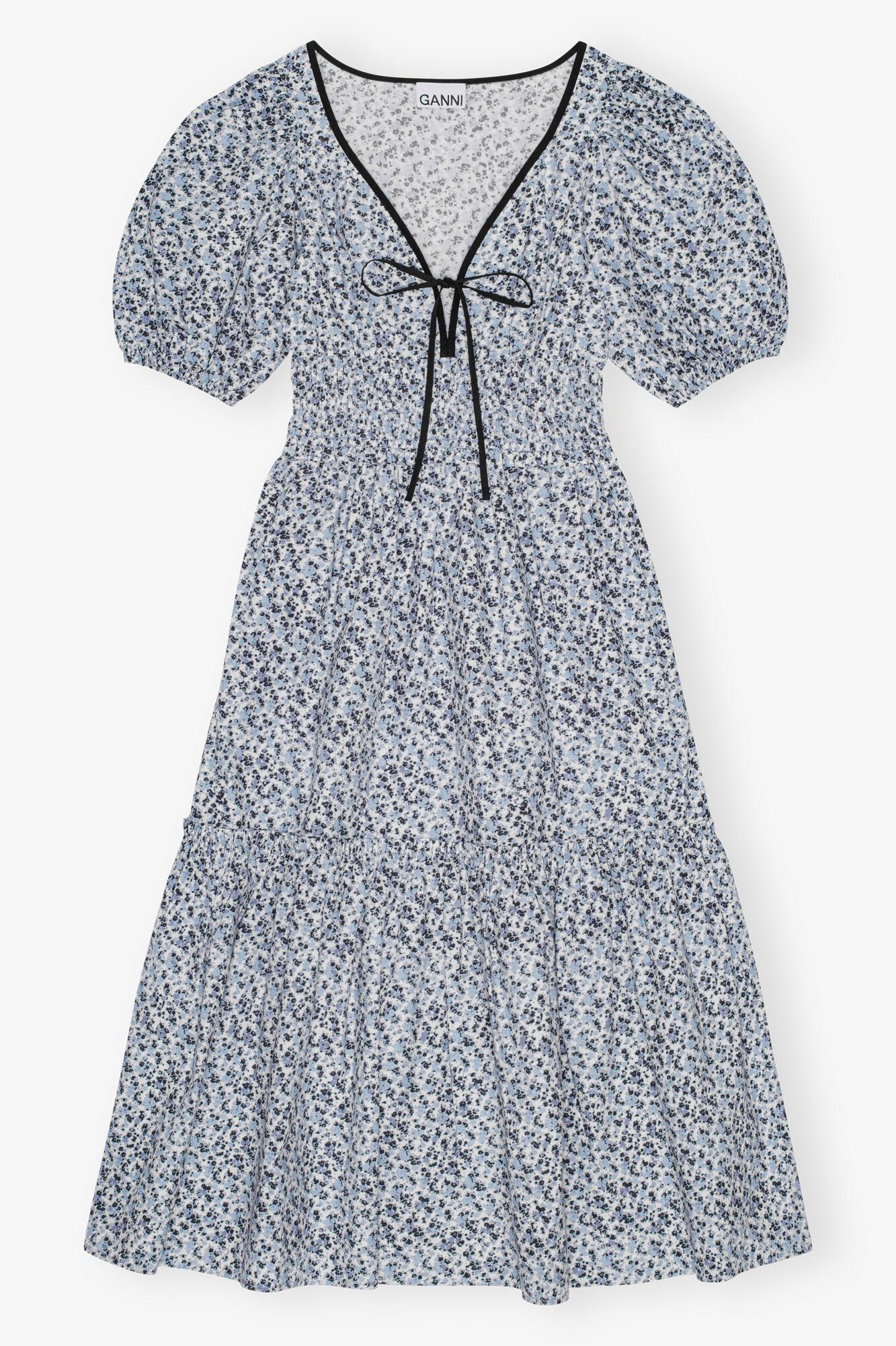 Blue Floral Printed Cotton Long Smock Dress Product Image