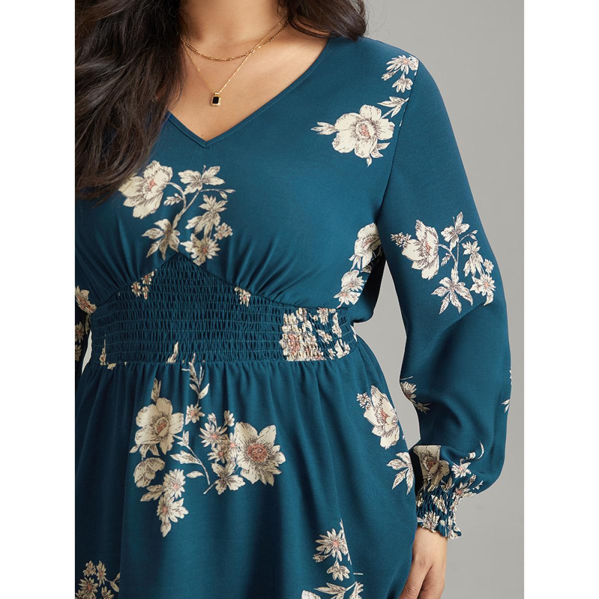 Plus Size Aegean Shirred Floral Elastic Waist Lantern Sleeve Blouse Women Elegant Long Sleeve V-neck Everyday Blouses BloomChic 28/5X Product Image