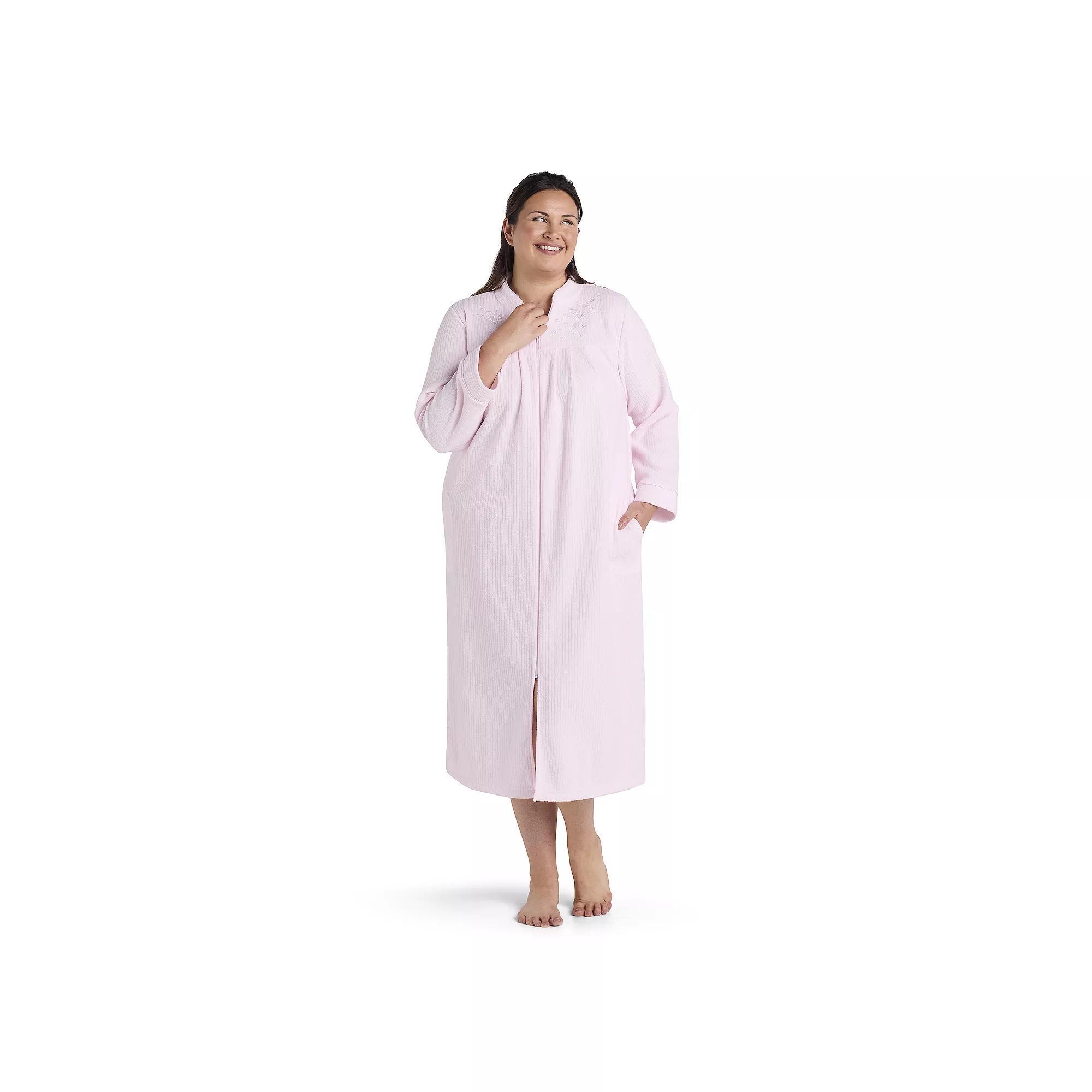 Plus Size Miss Elaine Essentials Brushed Back Terry Long Zip Robe, Women's, Size: 3XL, Green Product Image