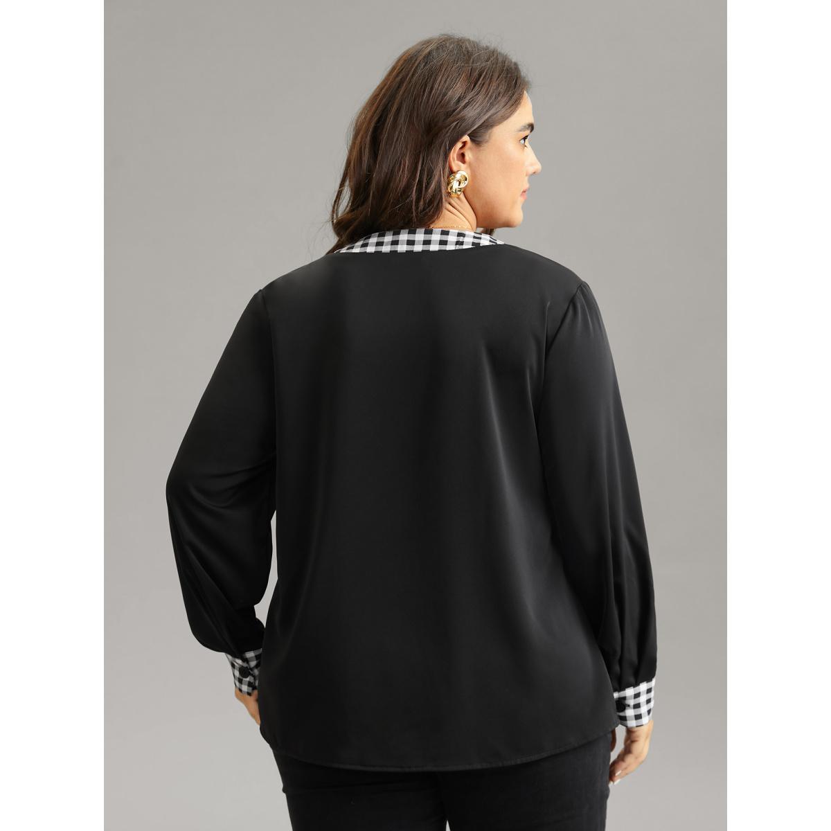 Plus Size Black Checkered Patchwork Asymmetrical Neck Button Detail Blouse Women Office Long Sleeve Asymmetrical Neck Work Blouses BloomChic 26/4X Product Image