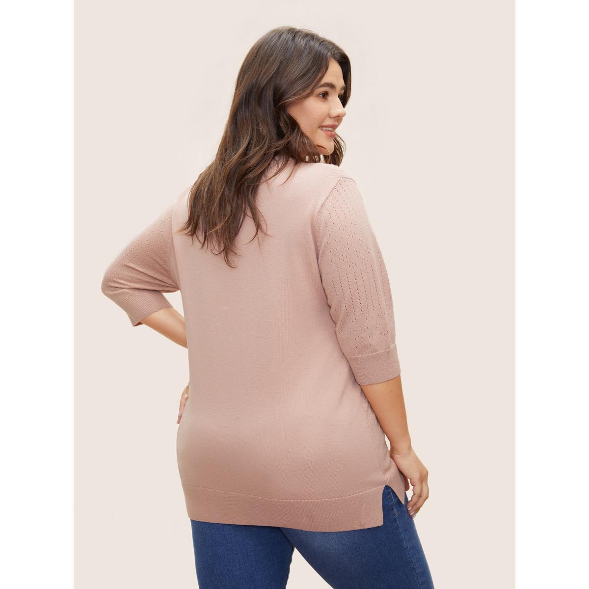 Plus Size Supersoft Essentials Solid Pointelle Knit Pullover MistyRose Women Casual Half Sleeve Round Neck Everyday Pullovers BloomChic 28/5X Product Image
