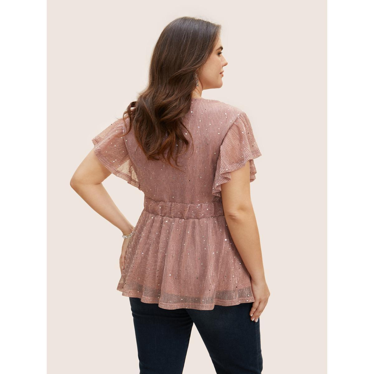 Plus Size Dirtypink Glitter Mesh V Neck Ruffle Cap Sleeve Blouse Women Formal Cap Sleeve V-neck Party Blouses BloomChic 18-20/2X Product Image