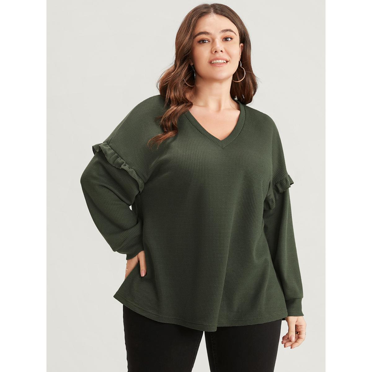 Plus Size Solid V Neck Ruffles Trim Long Tee Sage Women Elegant Ruffles Plain V-neck Dailywear T-shirts BloomChic 26/4X Product Image