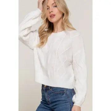 Ivory Long Sleeve Crew Neck Cable Detail Sweater Product Image