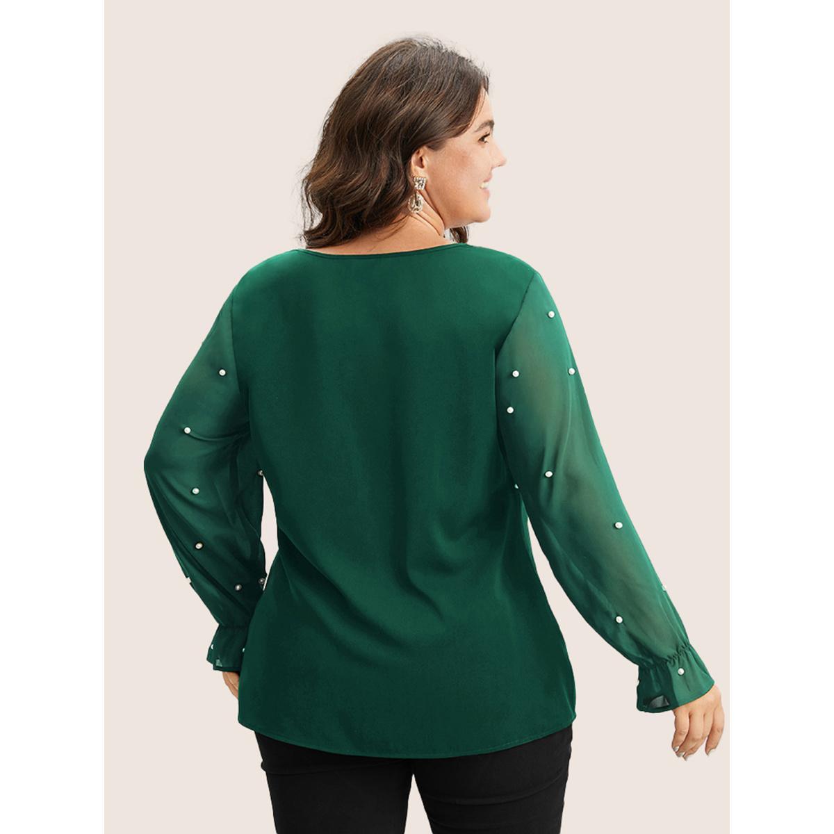 Plus Size DarkGreen Pearl Beaded Mesh Patchwork Ruffles Blouse Women Cocktail Long Sleeve V-neck Party Blouses BloomChic 14-16/1X Product Image
