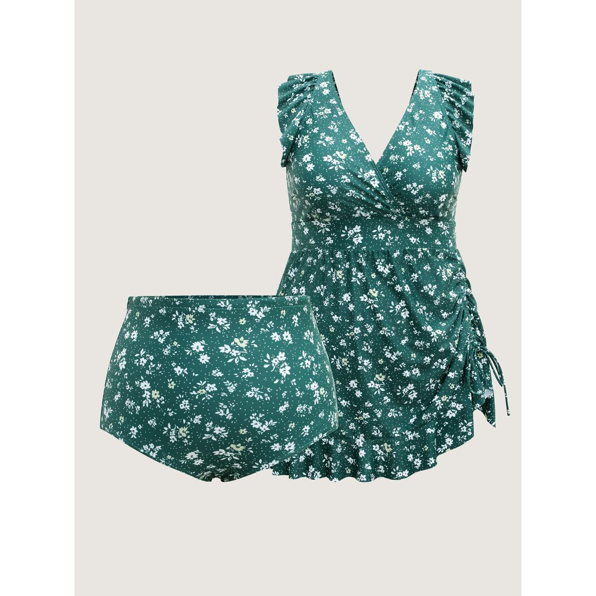 Plus Size Ditsy Floral Print Drawstring Swim Dress Women's Swimwear DarkGreen Beach Bodycon Overlap Collar High stretch Curve Swim Dresses BloomChic 28/5X Product Image