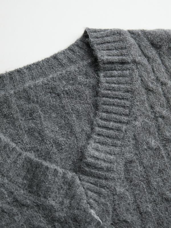 Oversize V Neck Gray Cable Knit Sweater Product Image
