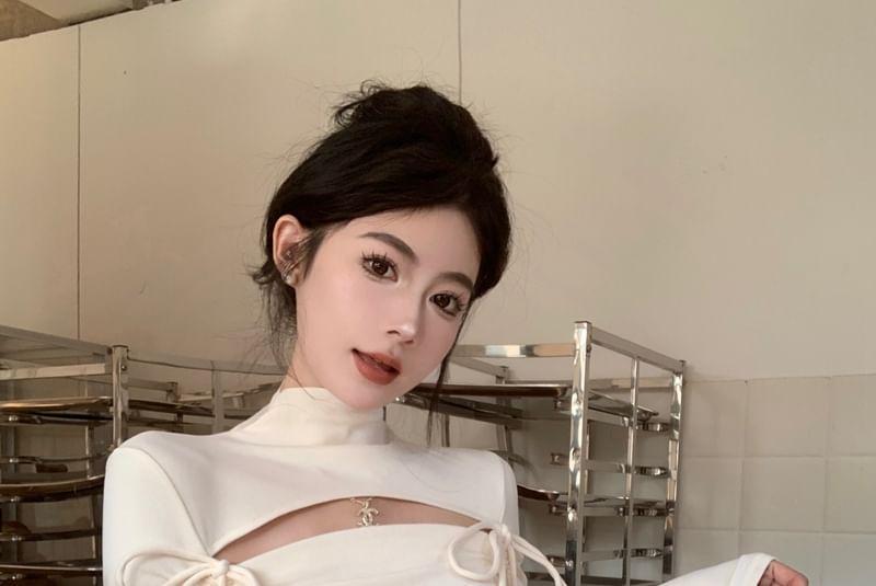 Long Sleeve Mock Neck Plain Cutout Bow Ruched Top Product Image