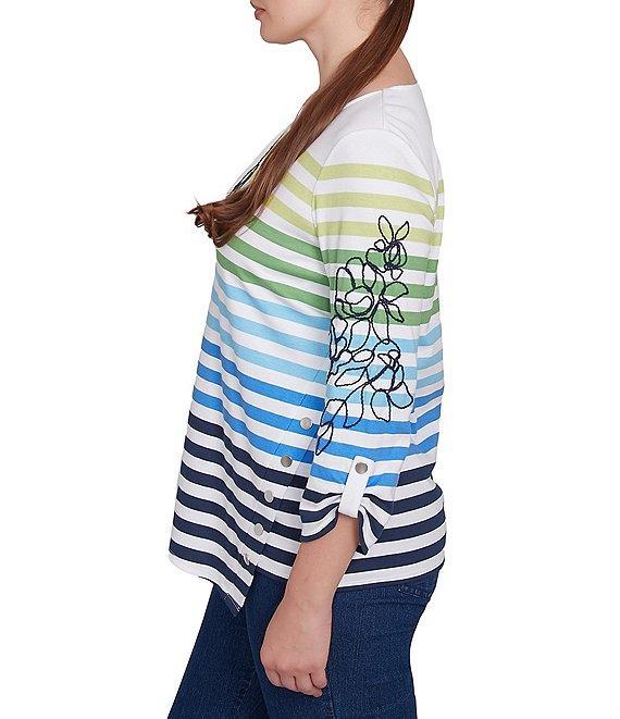Ruby Rd. Mixed Color Stripe Soft Knit Floral Embroidered Detail Scoop Neck 3/4 Sleeve Top Product Image