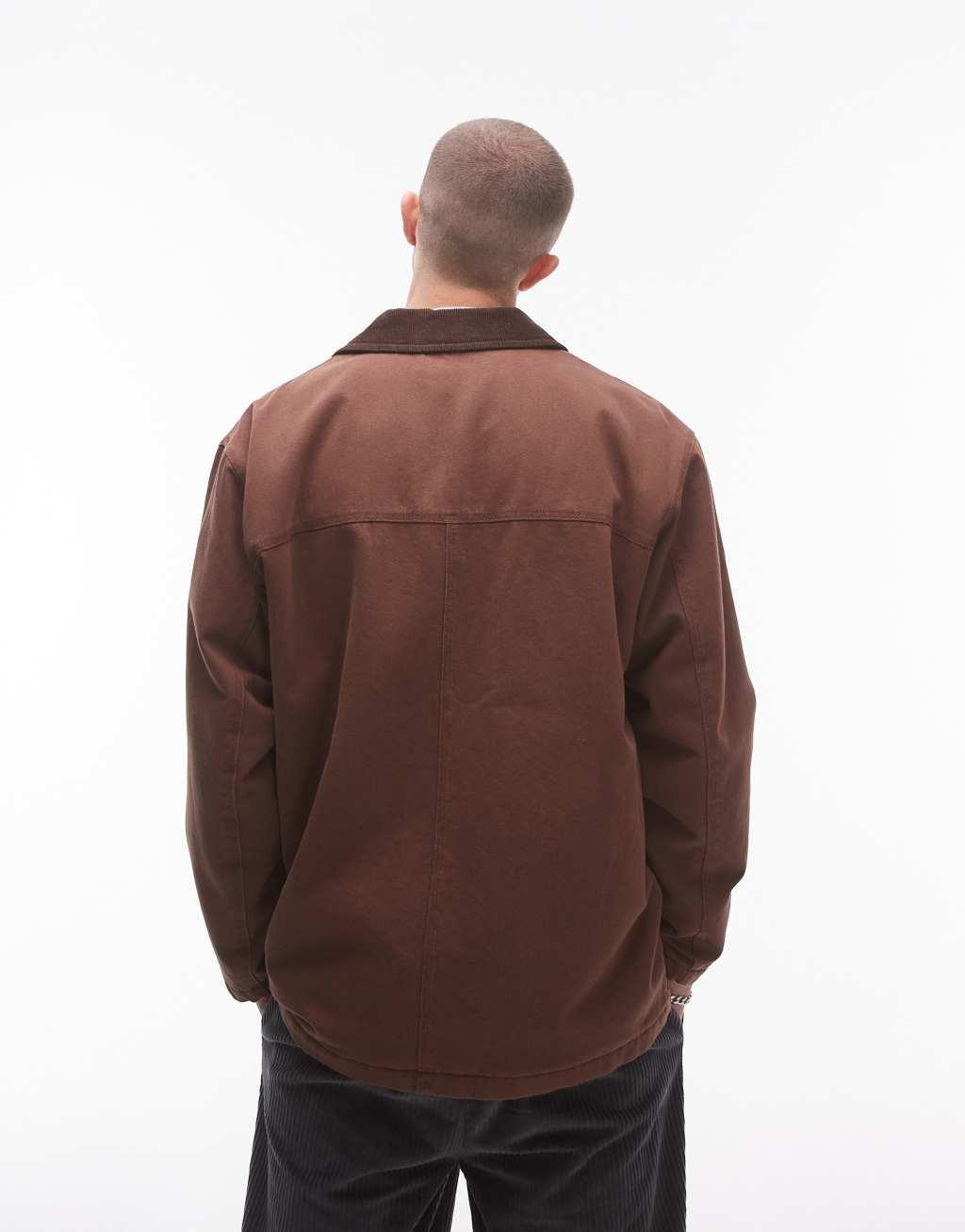 Topman wadded worker jacket in brown with contrast collar Product Image
