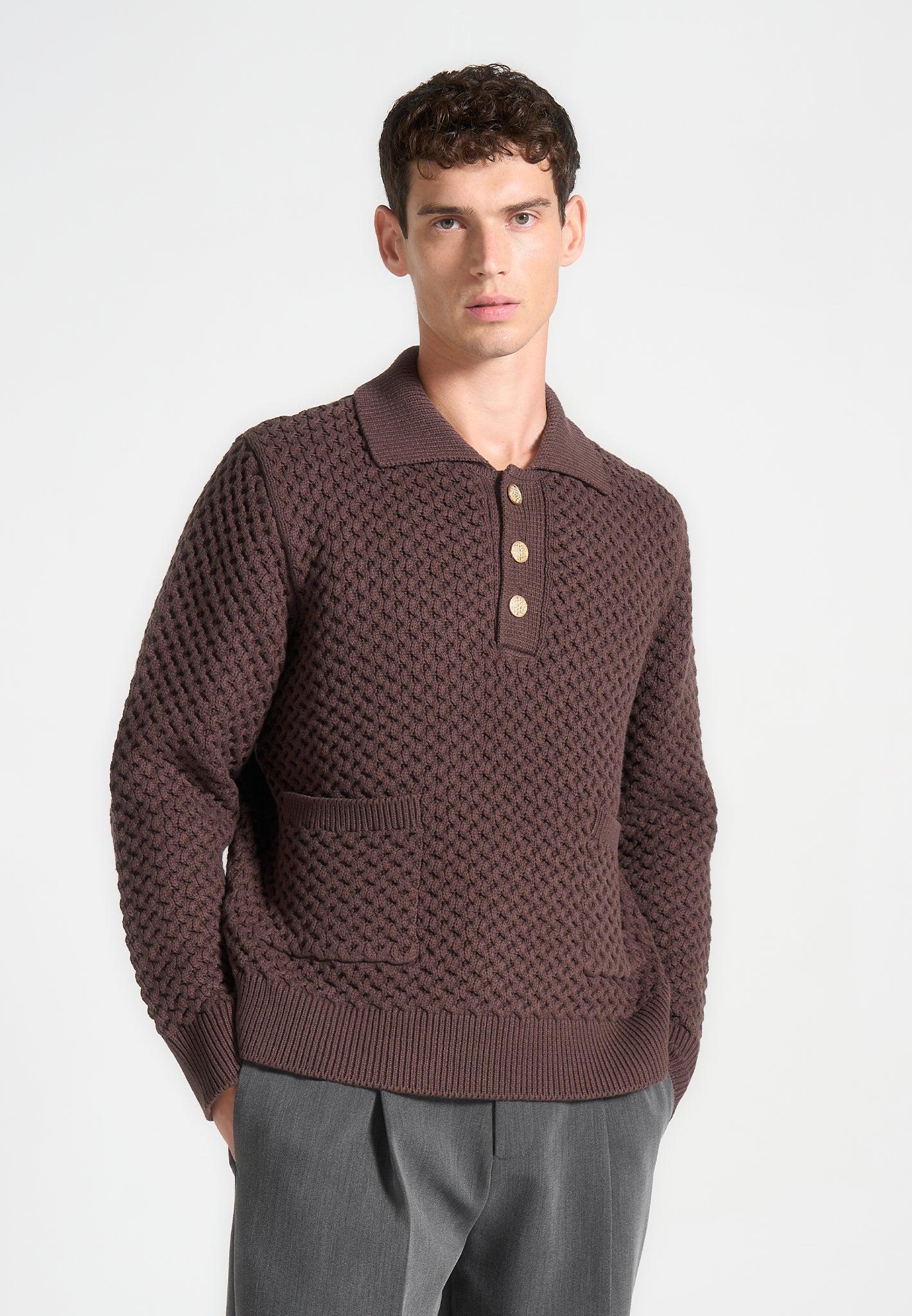 Waffle Knit Polo Jumper - Brown Male Product Image