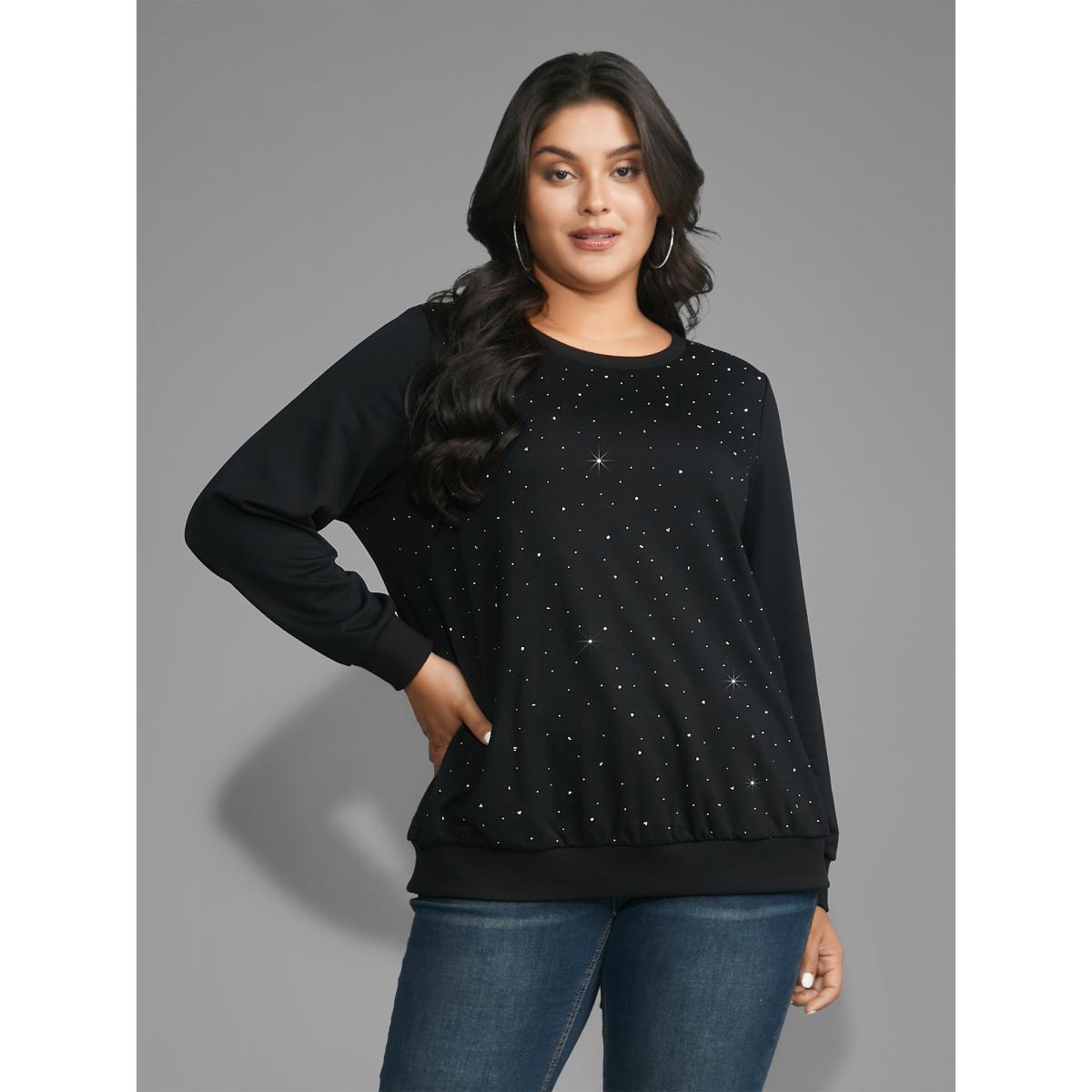 Plus Size Crew Neck Rhinestone Slightly Stretchy Sweatshirt Women Black Casual Rhinestone detailing Round Neck Everyday Sweatshirts BloomChic 22-24/3X Product Image