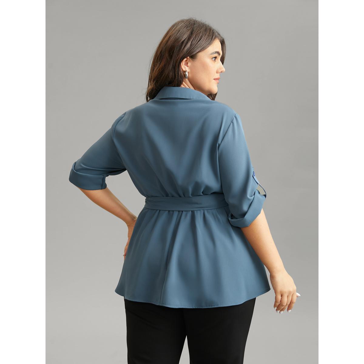 Plus Size Stone Static-Free Laser Cut Belted Scalloped Trim Blouse Women Office Long Sleeve Shirt collar Work Blouses BloomChic 22-24/3X Product Image