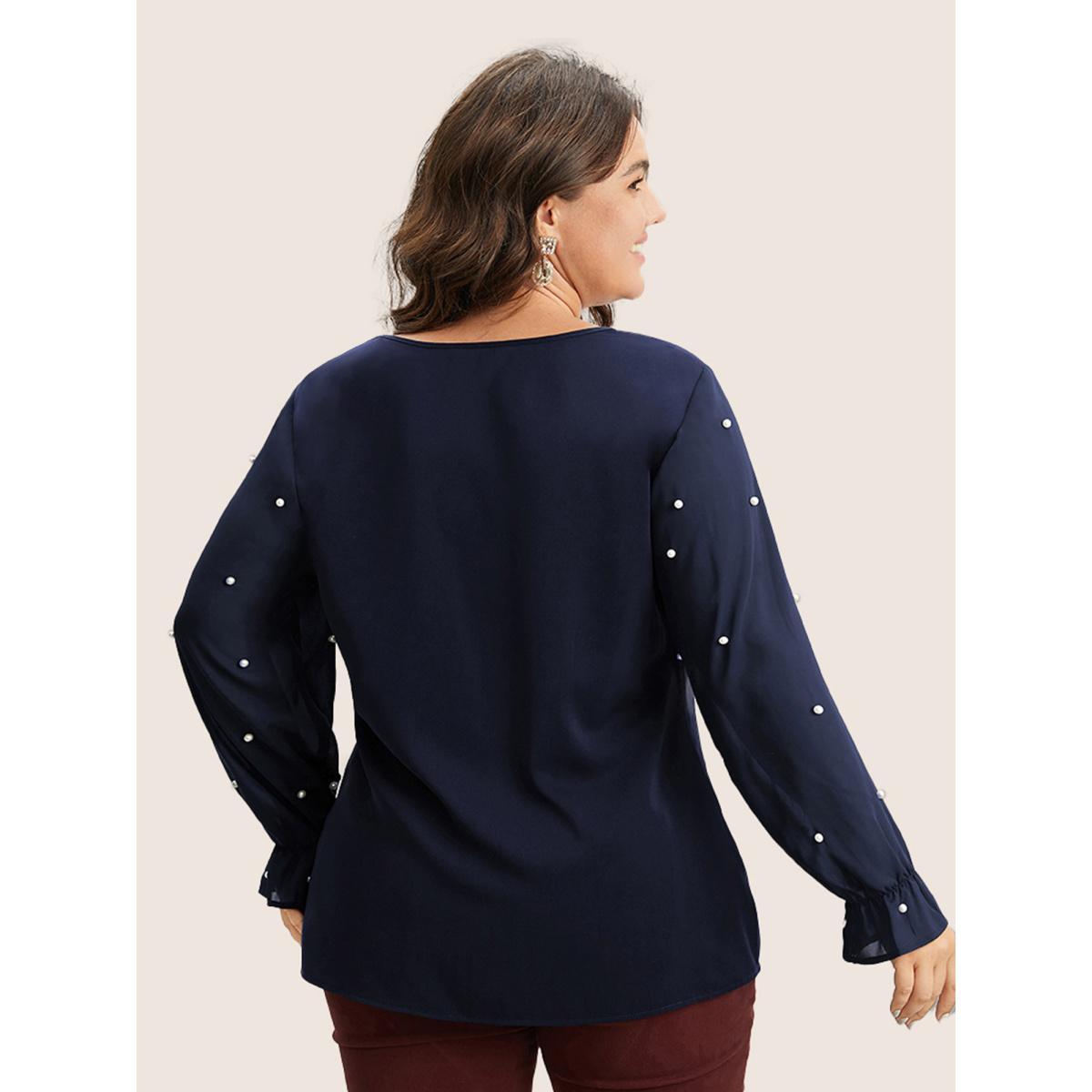 Plus Size Indigo Pearl Beaded Mesh Patchwork Ruffles Blouse Women Cocktail Long Sleeve V-neck Party Blouses BloomChic 12/L Product Image