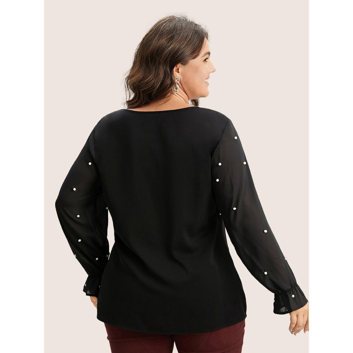 Plus Size Black Pearl Beaded Mesh Patchwork Ruffles Blouse Women Cocktail Long Sleeve V-neck Party Blouses BloomChic 14-16/1X Product Image
