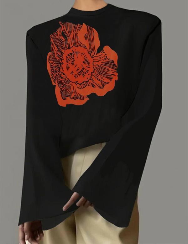 Flared Sleeves Long Sleeves Flower Print Round-neck T-Shirts Tops Product Image