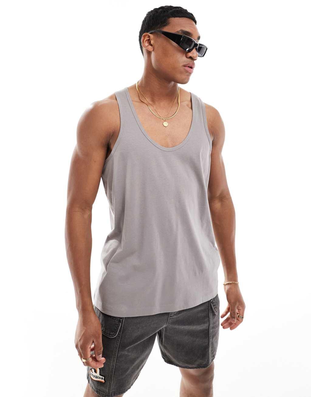 ASOS DESIGN relaxed tank top with scoop neck in gray with Los Angeles spine print  Product Image