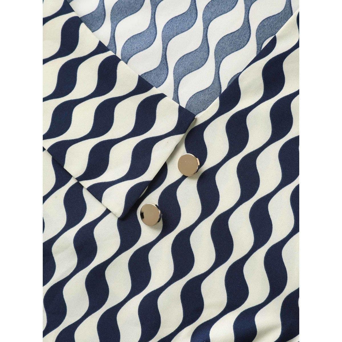 Plus Size Indigo Wavy Print Asymmetrical Neckline Blouse Women Short sleeve Asymmetrical Neck Work Blouses BloomChic 14-16/1X Product Image