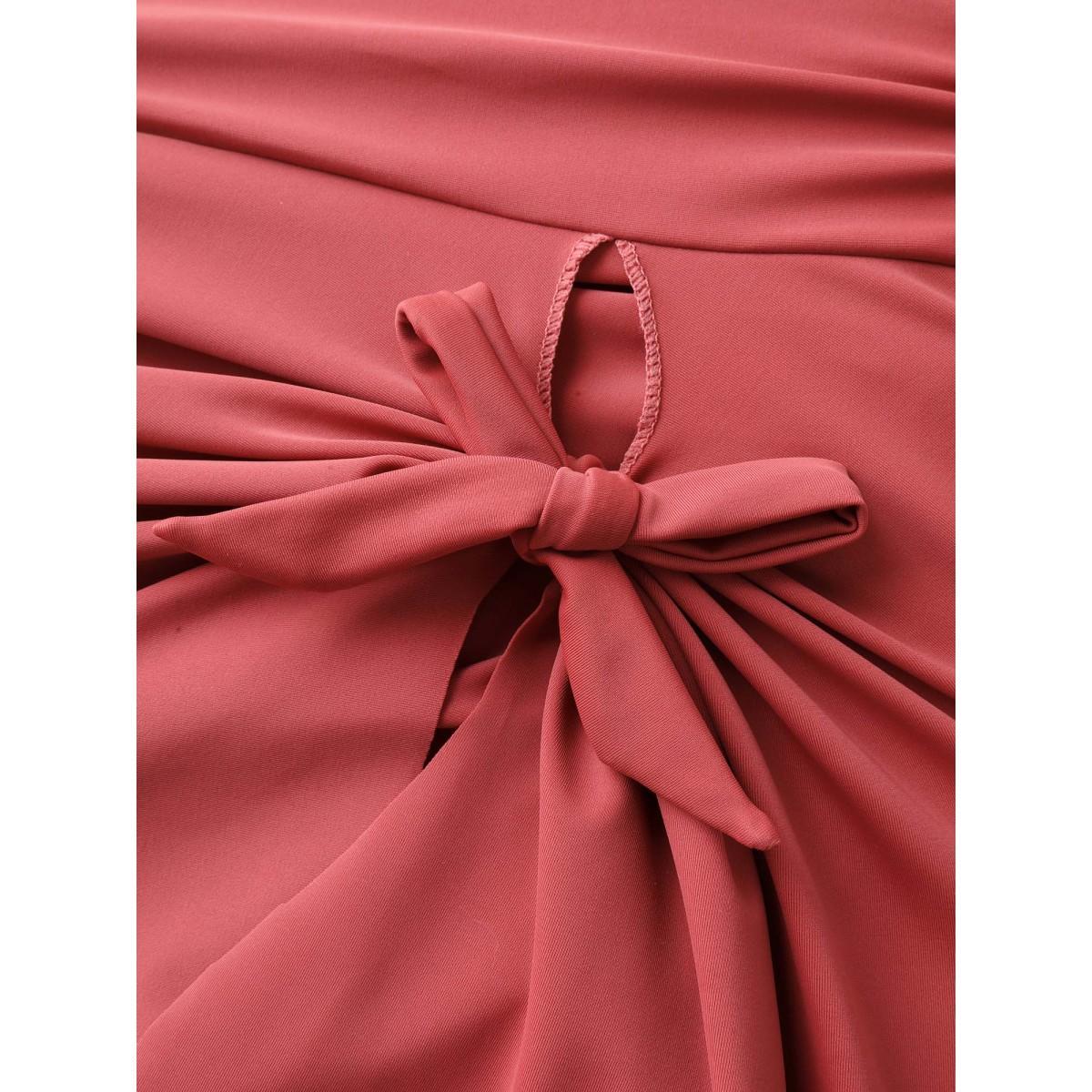 Plus Size Curved Hem Knotted Plain Swim Dress Women's Swimwear Rouge Beach Bodycon V-neck High stretch Curve Swim Dresses BloomChic 14-16/1X Product Image