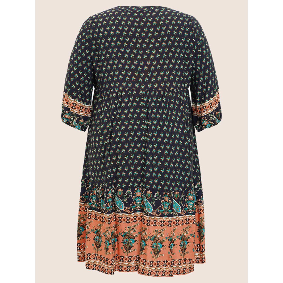 Plus Size Bandana Tassels Lantern Sleeve Ruffle Pocket Keyhole Neck Dress Indigo Women Resort V-neck Elbow-length sleeve Curvy Midi Dress BloomChic 30/6X Product Image