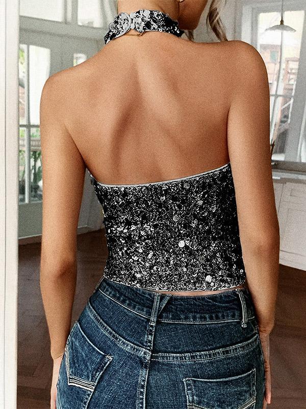 Skinny Sleeveless Backless Sequined Shiny Halter-Neck Tank Top Product Image