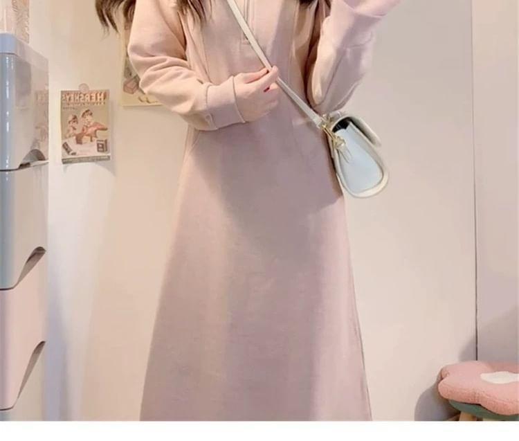 Long-Sleeve Hooded Knit Maxi A-Line Dress Product Image