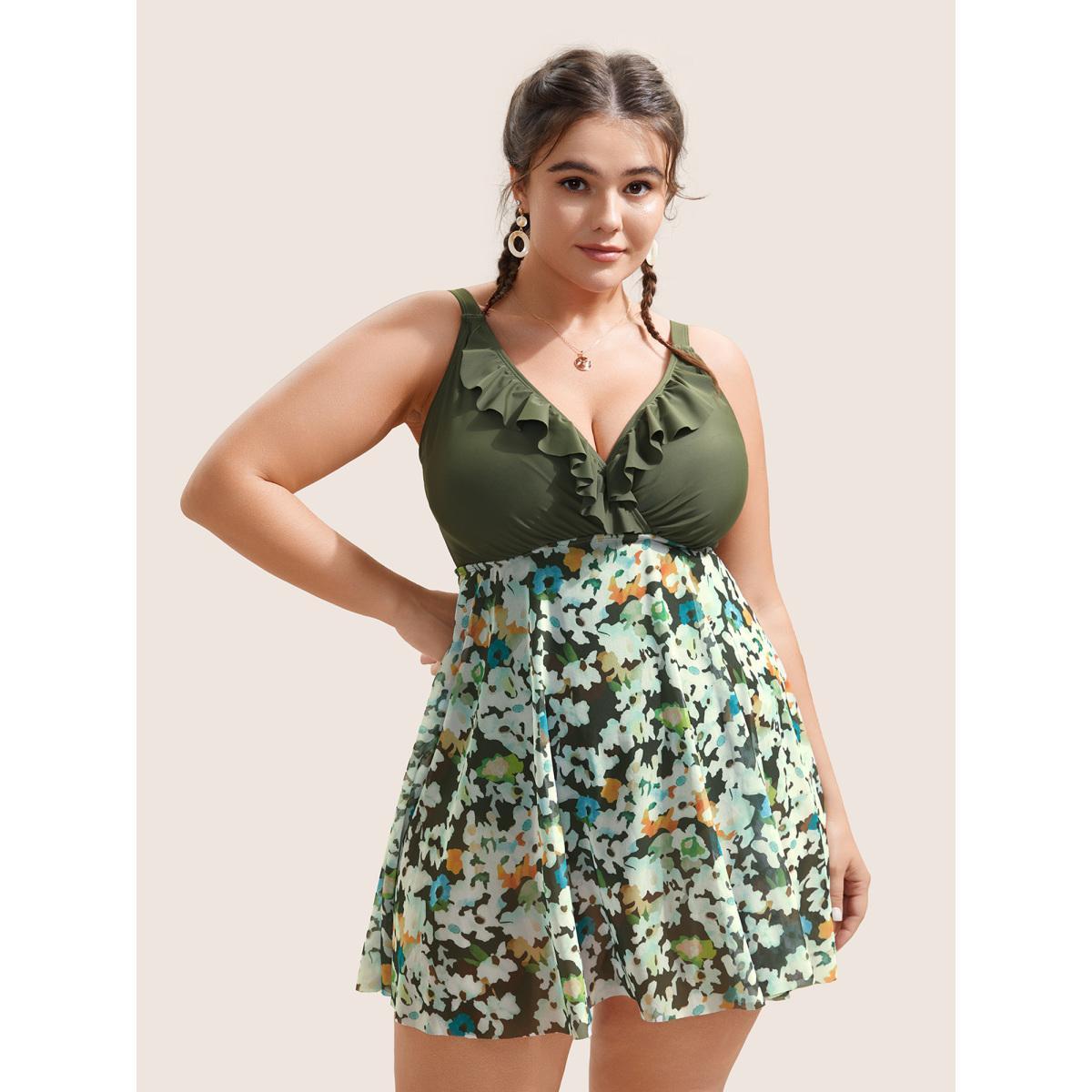 Plus Size Patchwork Ditsy Floral Ruffles Swim Dress Women's Swimwear ArmyGreen Beach Bodycon Deep V-neck High stretch Curve Swim Dresses BloomChic 12/L Product Image