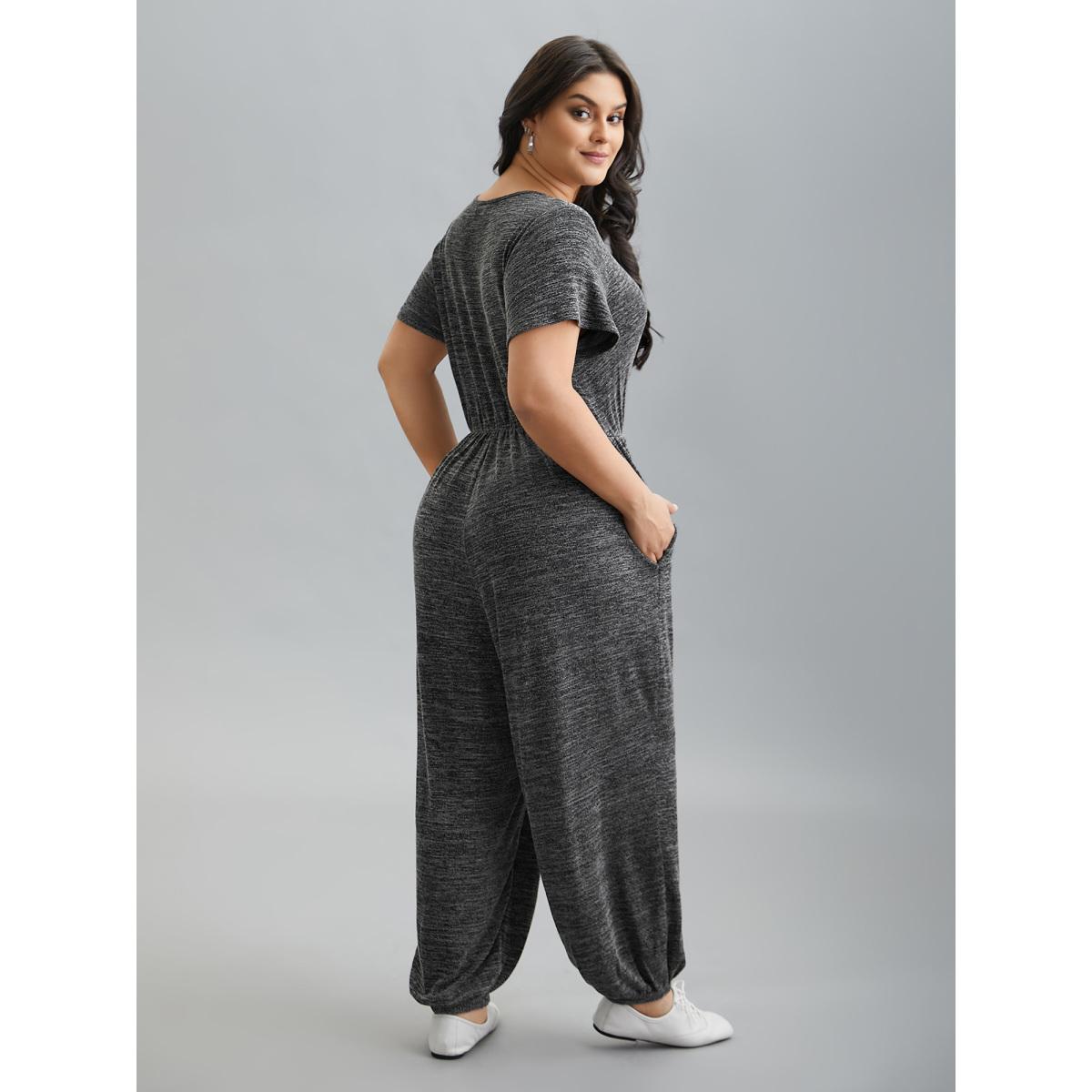 Plus Size DimGray Plain Wrap Drawstring Pocket Jumpsuit Women Casual Short sleeve Overlap Collar Everyday Loose Jumpsuits BloomChic 30/6X Product Image