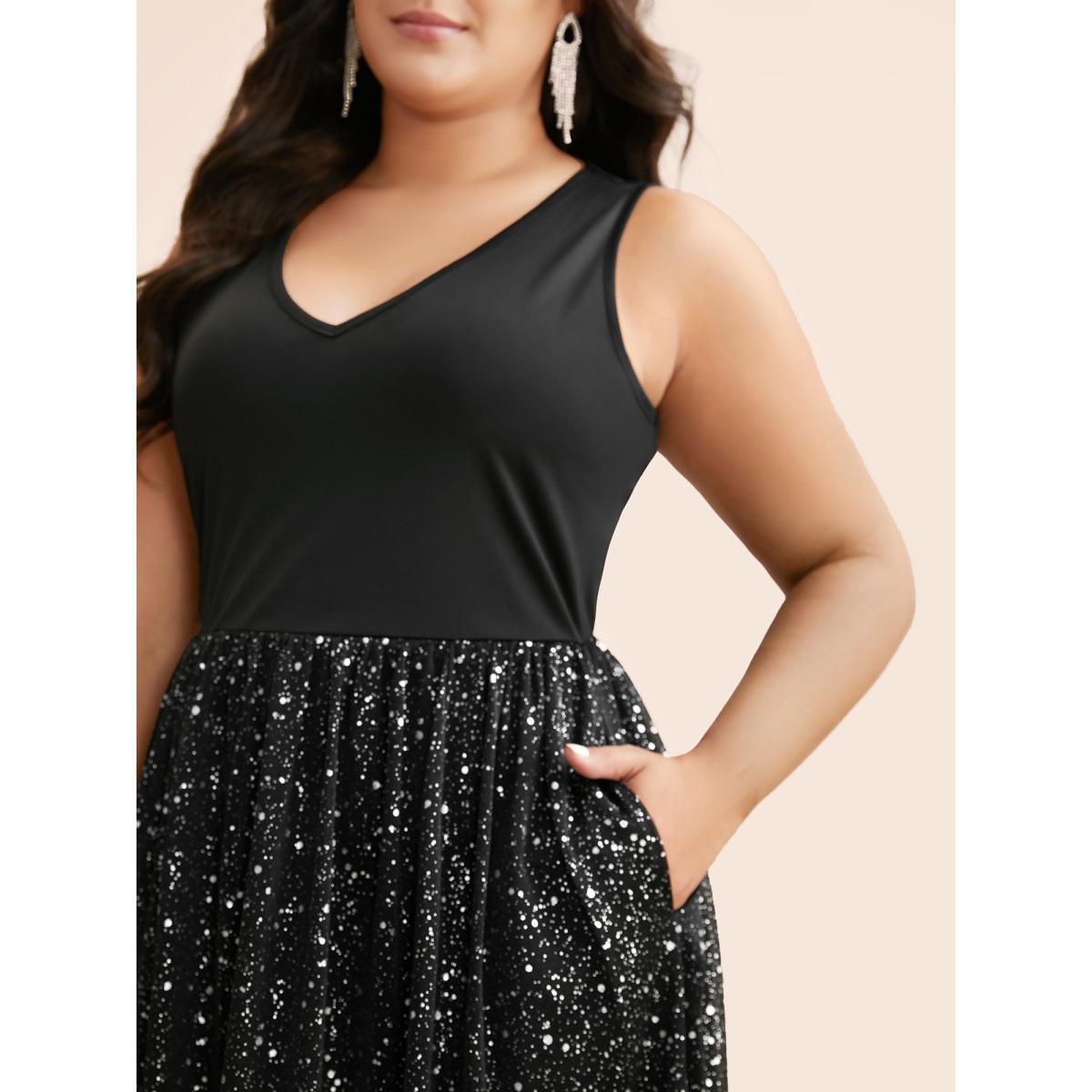 Plus Size V Neck Glitter Patchwork Tank Dress Black Women Cocktail Texture Party Curvy Bloomchic 14-16/1X Product Image