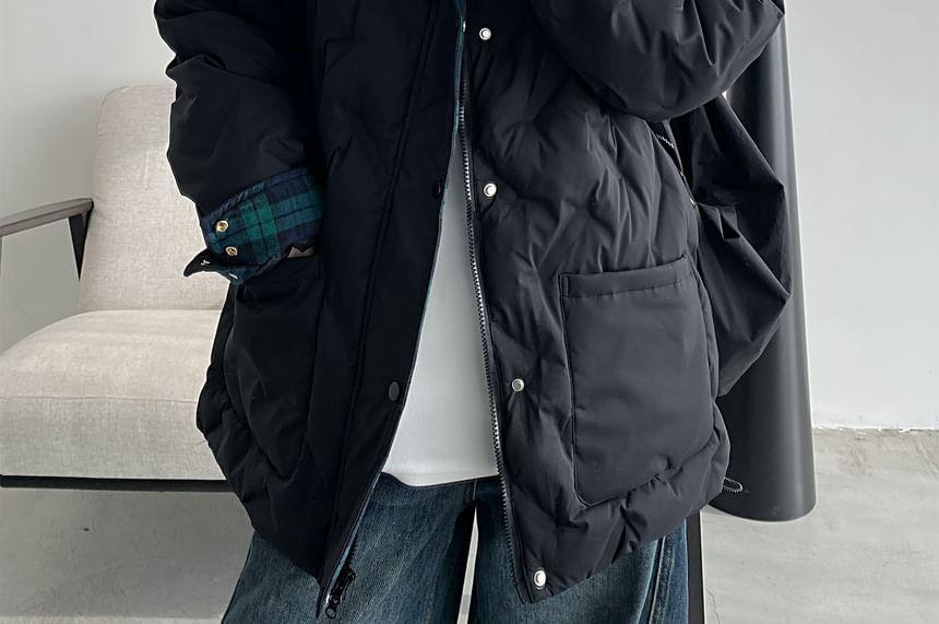 Collared Plaid Panel Button Down Puffer Jacket Product Image