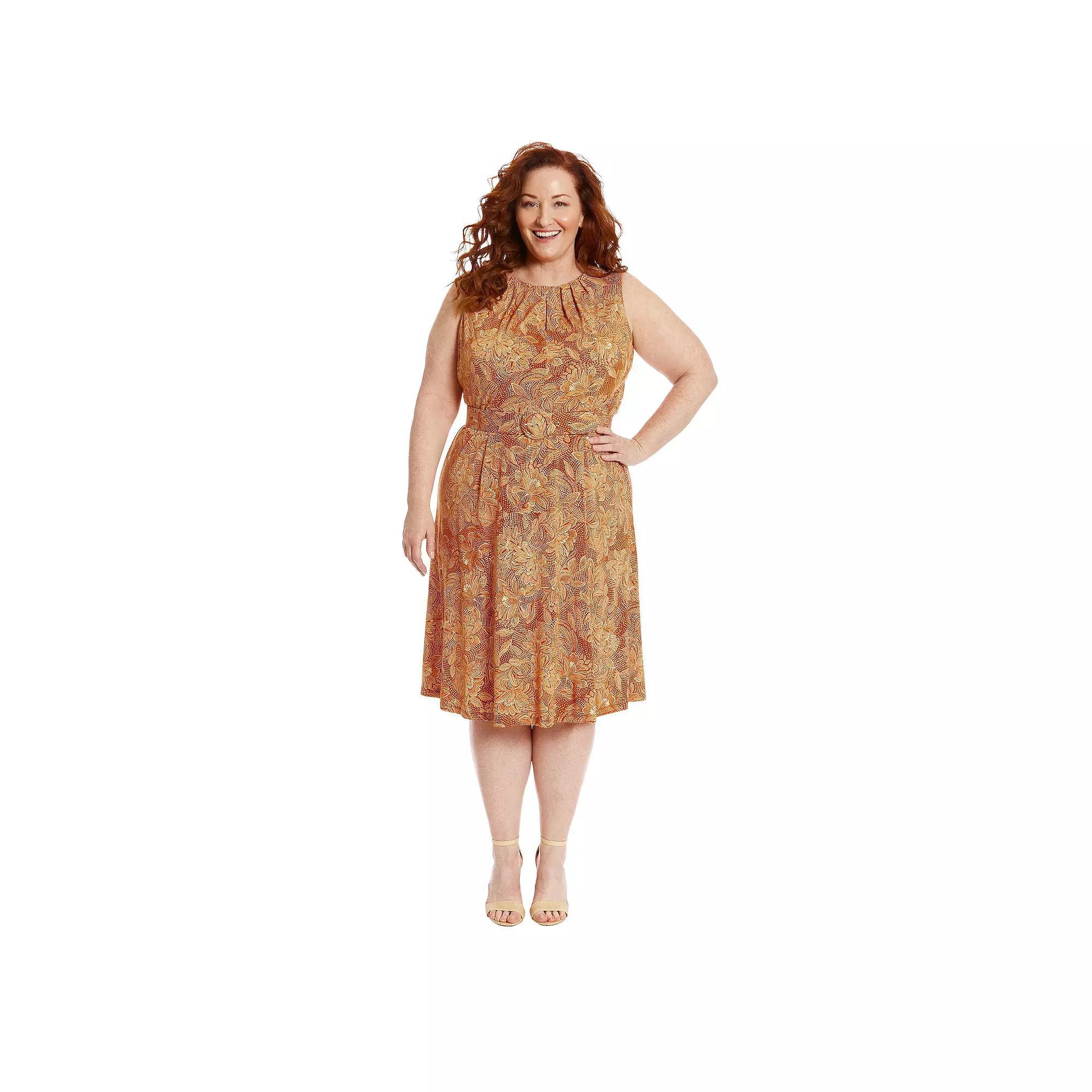 Plus Size London Times Flower Print Keyhole Neckline Belted Midi Dress, Women's, Size: 14 W, Gold Creme Product Image