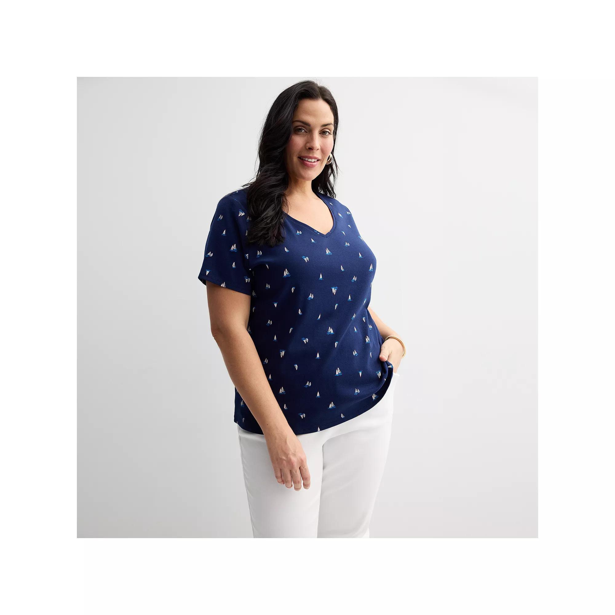 Plus Size Croft & Barrow® Essential V-Neck Top, Women's, Size: 4XL, Blue Wave Stripe Product Image