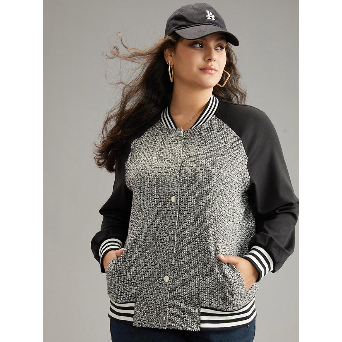 Plus Size Texture Patchwork Contrast Striped Button Up Jacket Women Black Elastic cuffs Pocket Everyday Jackets BloomChic 30/6X Product Image